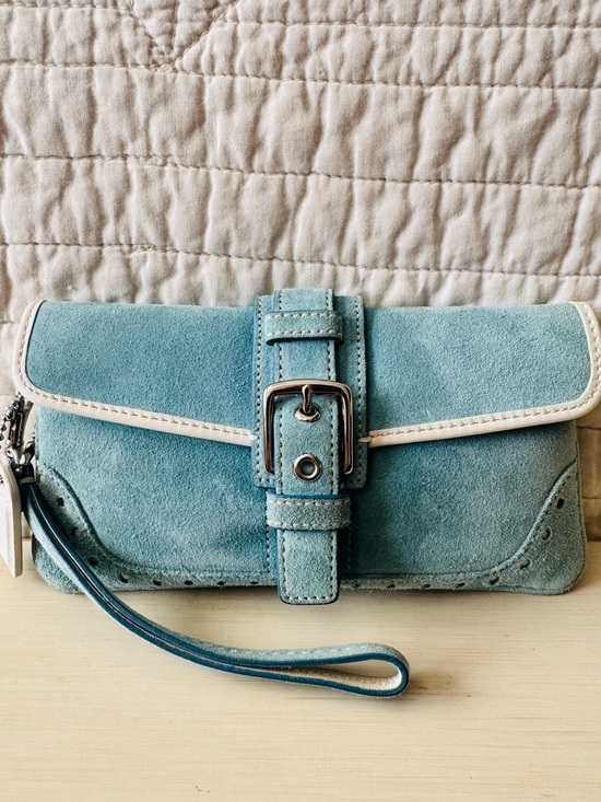 Coach Handbags - Coach Y2K Teal Suede Wristlet Clutch with Buckle Detail